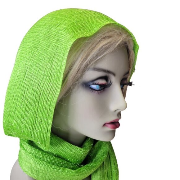VIBRANT Lime Green Glitter Embellish Long Rectangular Scarf Tassel Shawl - Picture 13 of 16